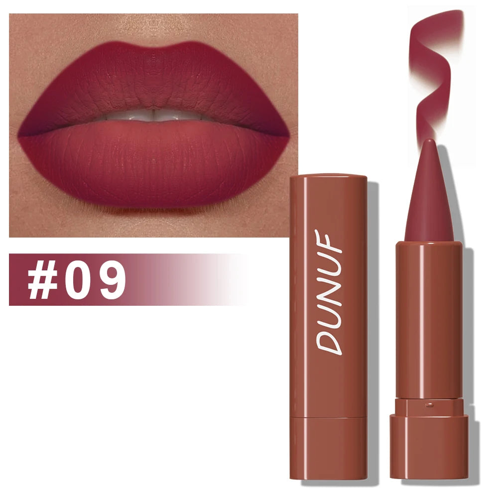 Rouge à lèvres DUNUF teinte 09 – rendu brun intense sur les lèvres, bâton de rouge velouté, effet mat longue tenue
