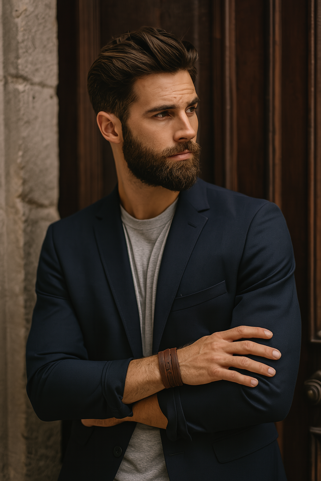 Homme élégant en blazer bleu marine portant un bracelet en cuir marron, debout contre une porte en bois sombre — ALTAREV