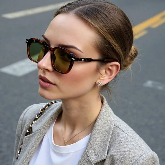 Femme élégante portant des lunettes de soleil vintage ALTAREV – monture écaille, look chic en extérieur urbain.