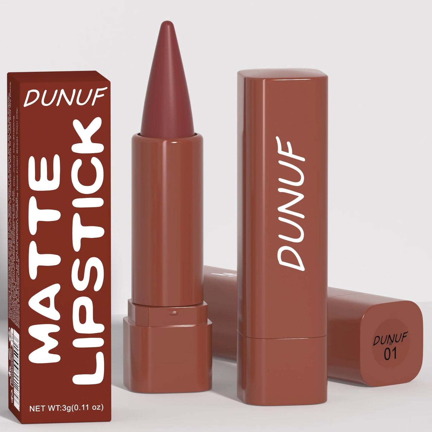 Crayon à lèvres mat DUNUF teinte 01 avec packaging – Finition veloutée et intense, format 3g
