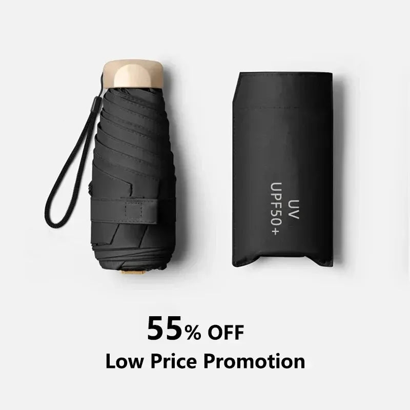 Parapluie noir compact UPF50+ avec poignée en bois – plié et rangé, promo 55 %

