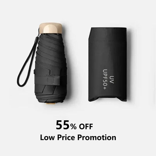 Parapluie noir compact UPF50+ avec poignée en bois – plié et rangé, promo 55 %

