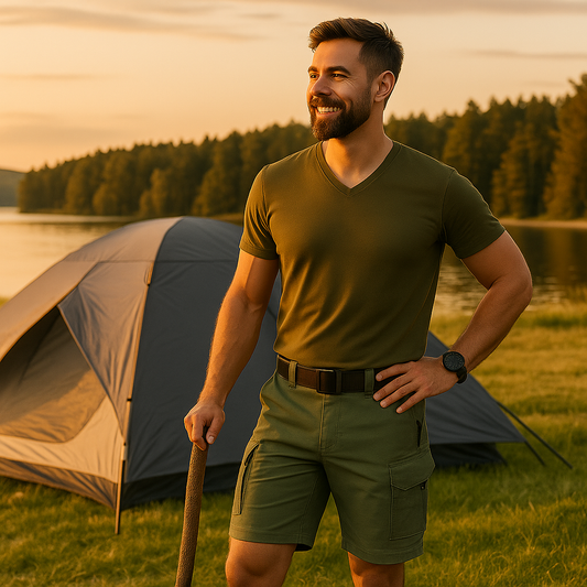 Homme  en pleine nature, portant un short cargo vert ALTAREV — style tactique, moderne et fonctionnel, parfait pour le camping et les aventures outdoor.