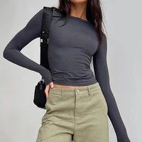 T-shirt femme gris à manches longues, coupe slim 