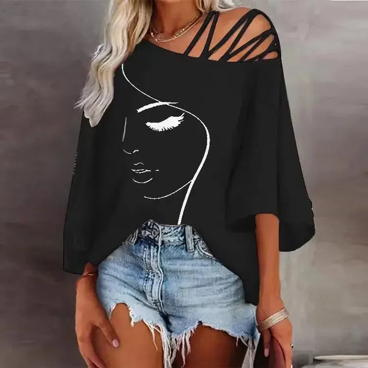 T-shirt noir élégant ALTAREV à col oblique et imprimé visage féminin
